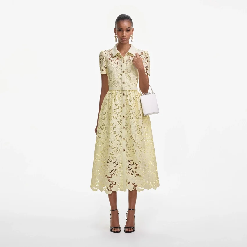 Yellow Lace Collared Midi Dress Yellow Lace Collared Midi Dress