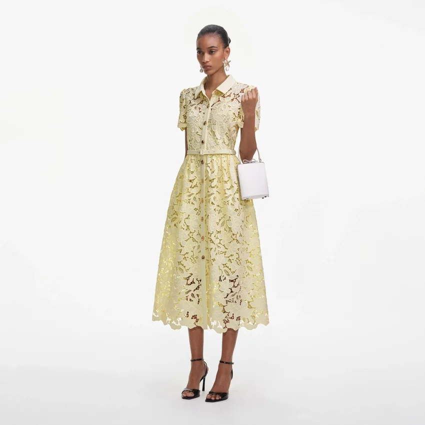 Yellow Lace Collared Midi Dress Yellow Lace Collared Midi Dress
