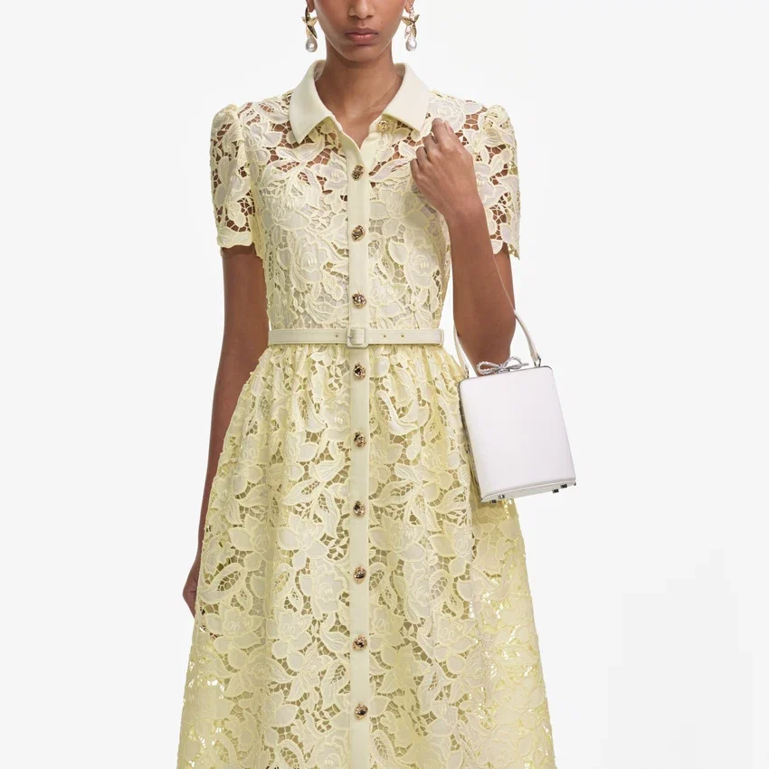 Yellow Lace Collared Midi Dress Yellow Lace Collared Midi Dress