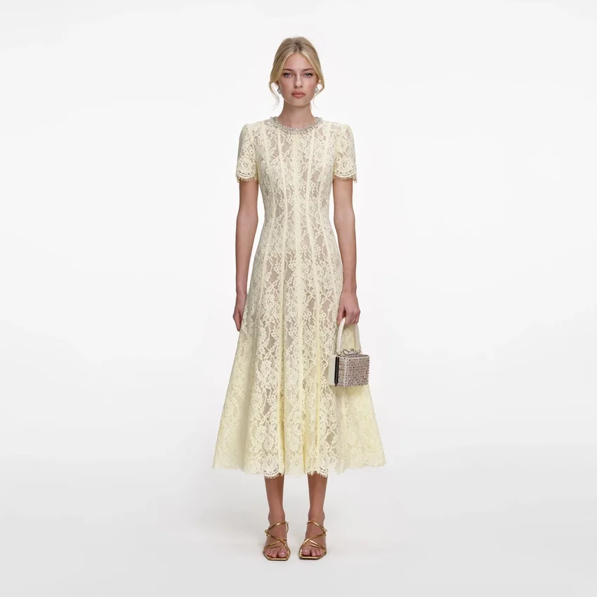 Yellow Lace Embellished Midi Dress Yellow Lace Embellished Midi Dress