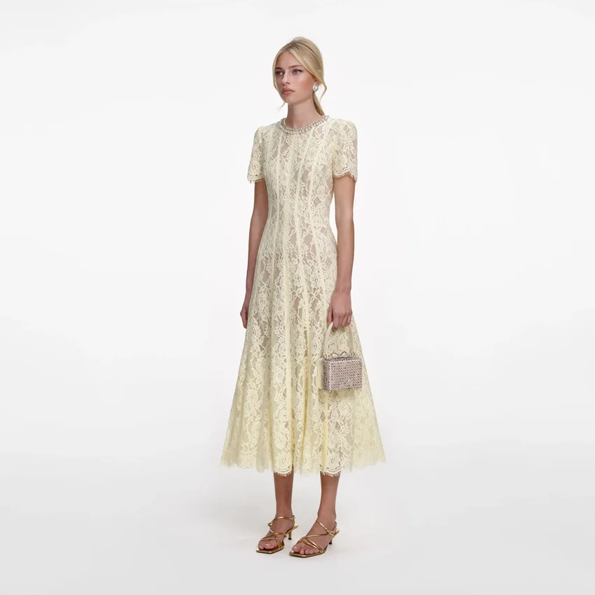 Yellow Lace Embellished Midi Dress Yellow Lace Embellished Midi Dress