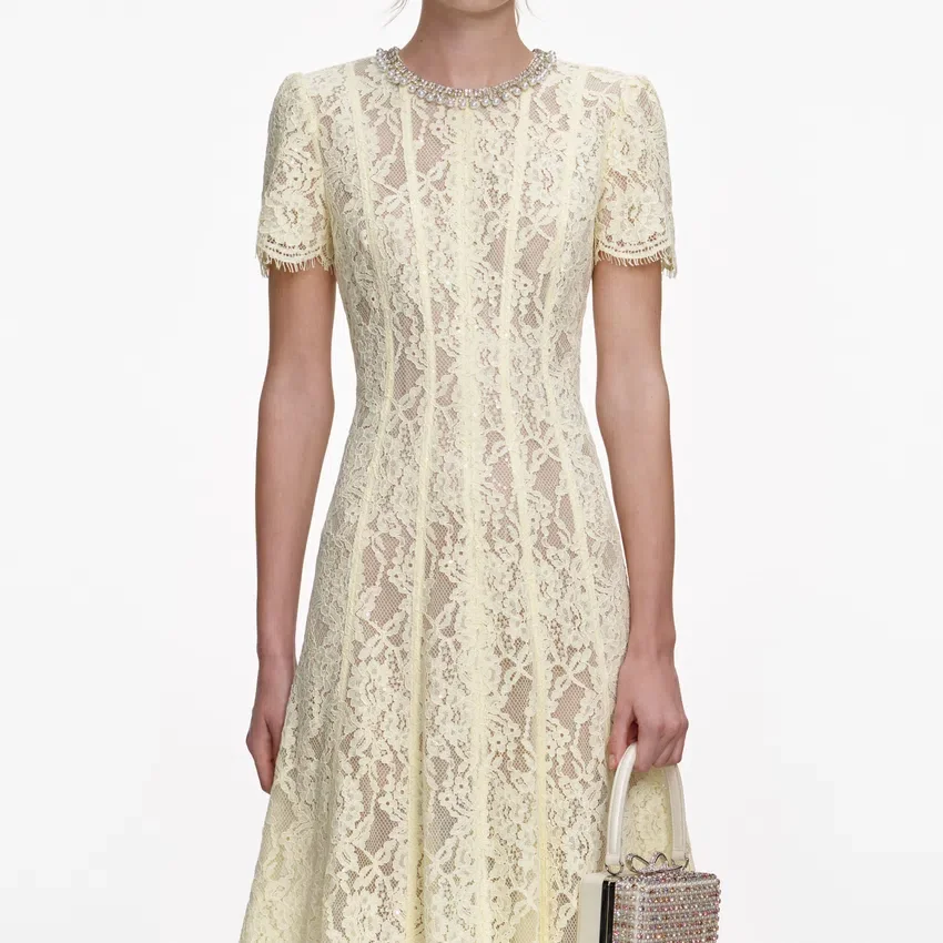 Yellow Lace Embellished Midi Dress Yellow Lace Embellished Midi Dress