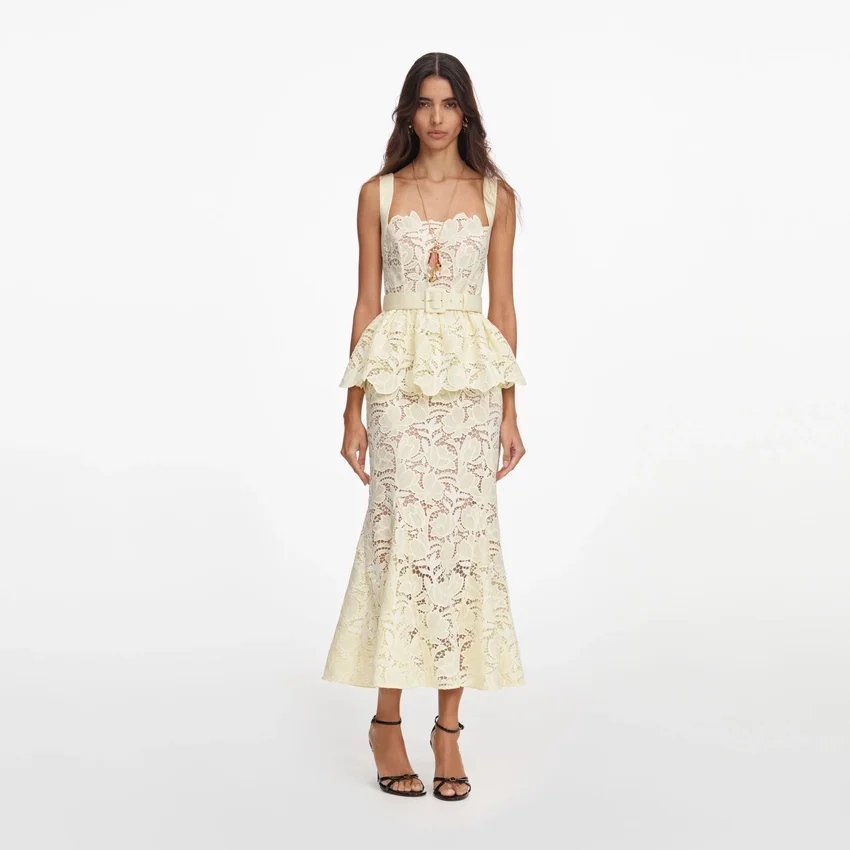 Yellow Lace Peplum Midi Dress Yellow Lace Peplum Midi Dress