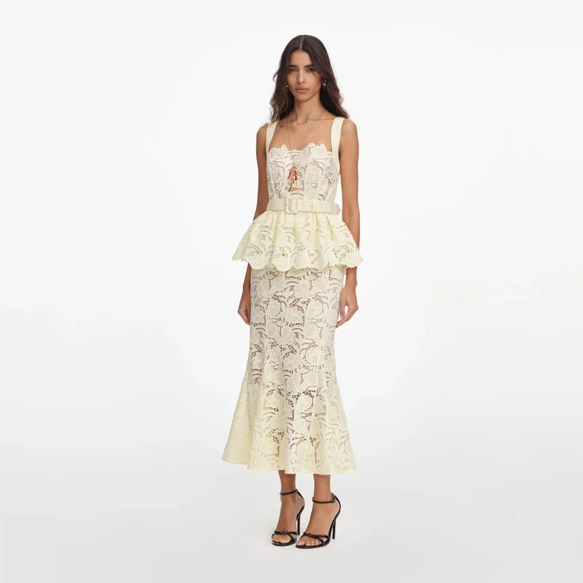 Yellow Lace Peplum Midi Dress Yellow Lace Peplum Midi Dress