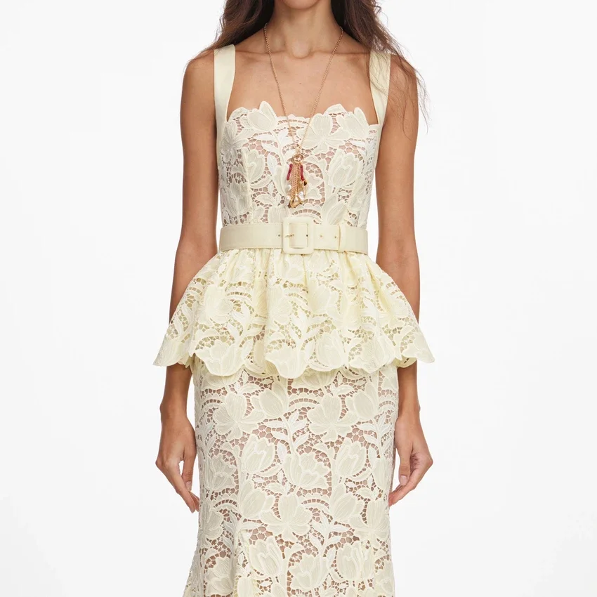 Yellow Lace Peplum Midi Dress Yellow Lace Peplum Midi Dress