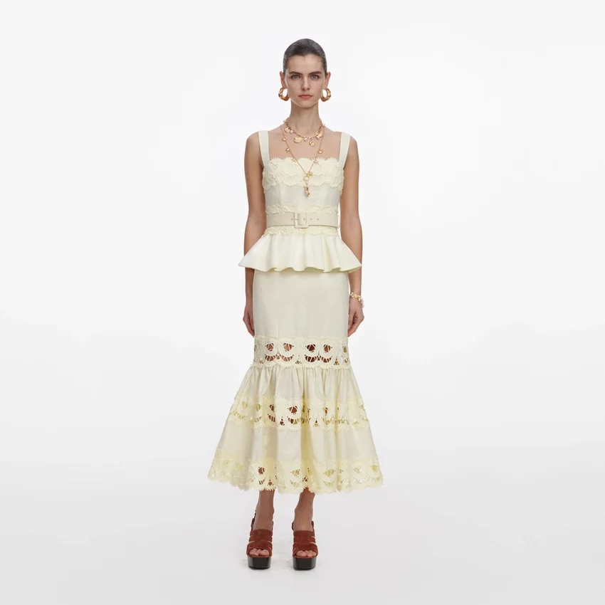 Yellow Linen Peplum Midi Dress Yellow Linen Peplum Midi Dress
