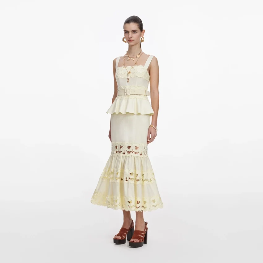 Yellow Linen Peplum Midi Dress Yellow Linen Peplum Midi Dress
