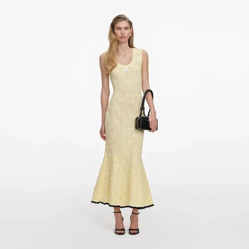 Yellow Pointelle Knit Midi Dress Yellow Pointelle Knit Midi Dress