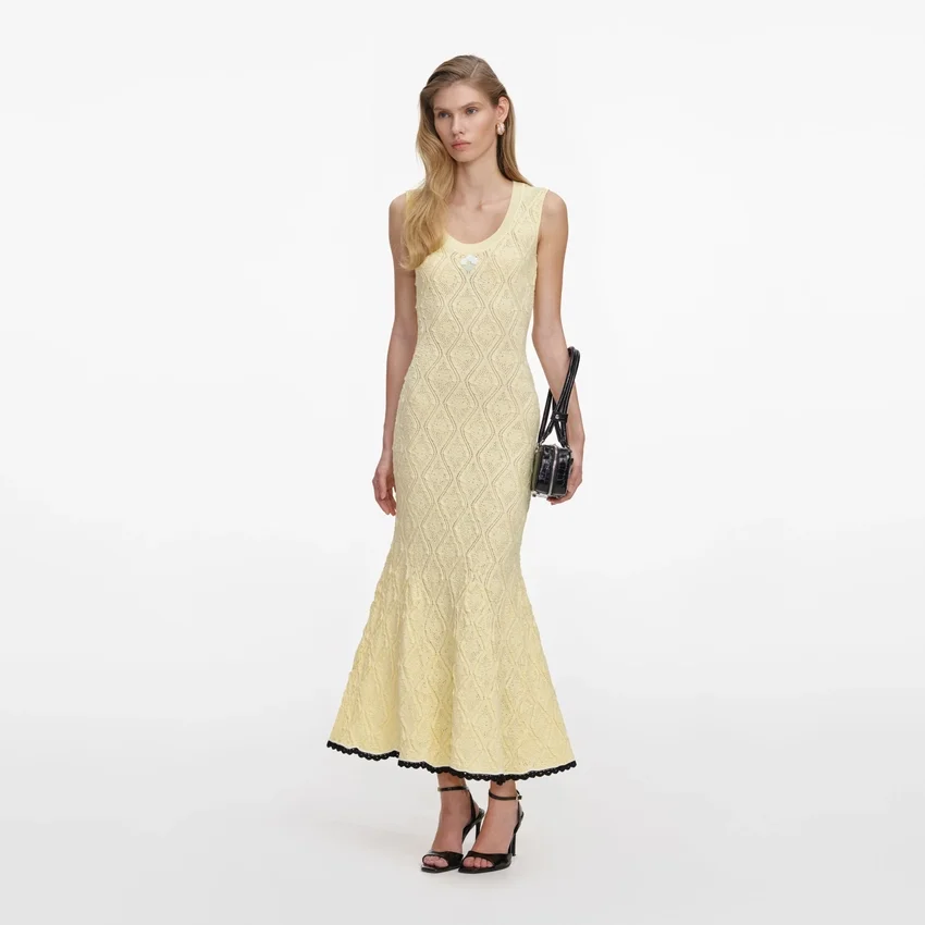 Yellow Pointelle Knit Midi Dress Yellow Pointelle Knit Midi Dress