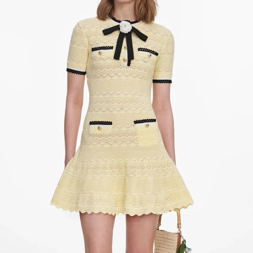 Yellow Pointelle Knit Mini Dress Yellow Pointelle Knit Mini Dress