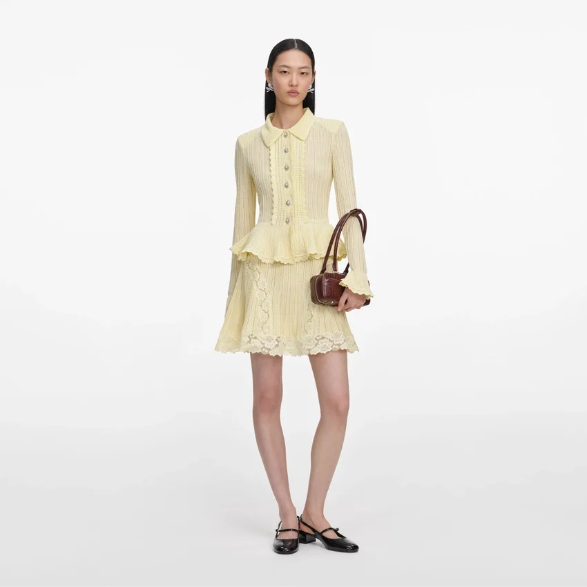 Yellow Pointelle Peplum Knit Mini Dress Yellow Pointelle Peplum Knit Mini Dress
