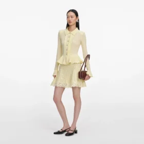 Yellow Pointelle Peplum Knit Mini Dress Yellow Pointelle Peplum Knit Mini Dress