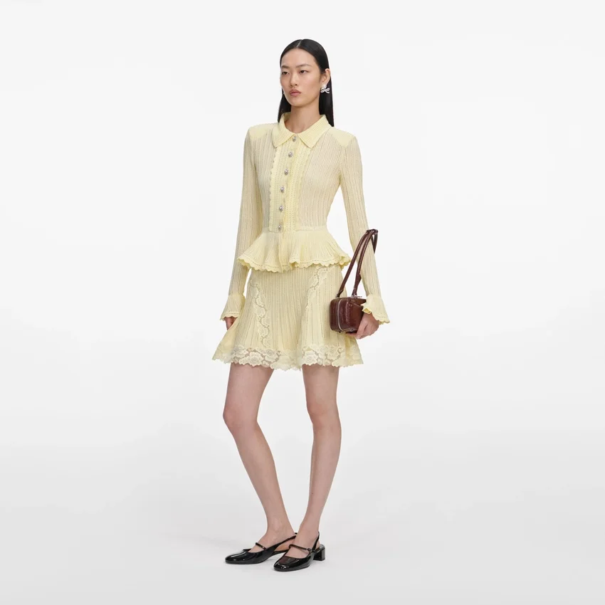 Yellow Pointelle Peplum Knit Mini Dress Yellow Pointelle Peplum Knit Mini Dress