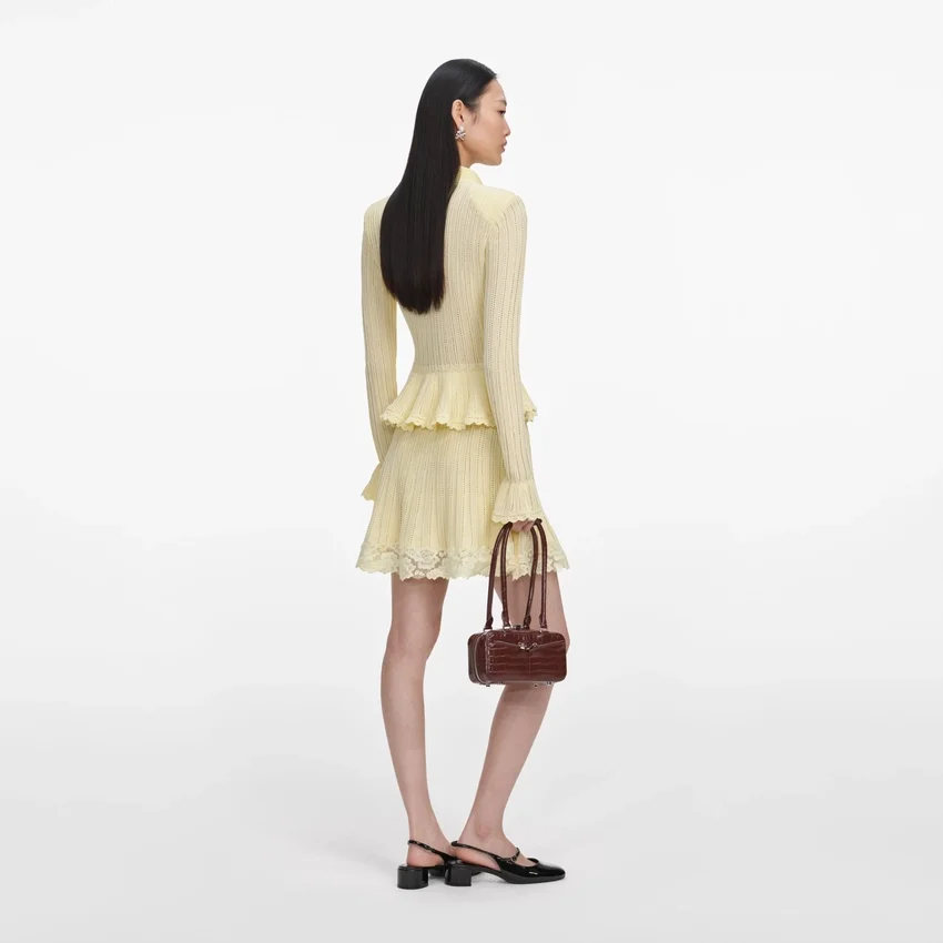 Yellow Pointelle Peplum Knit Mini Dress Yellow Pointelle Peplum Knit Mini Dress