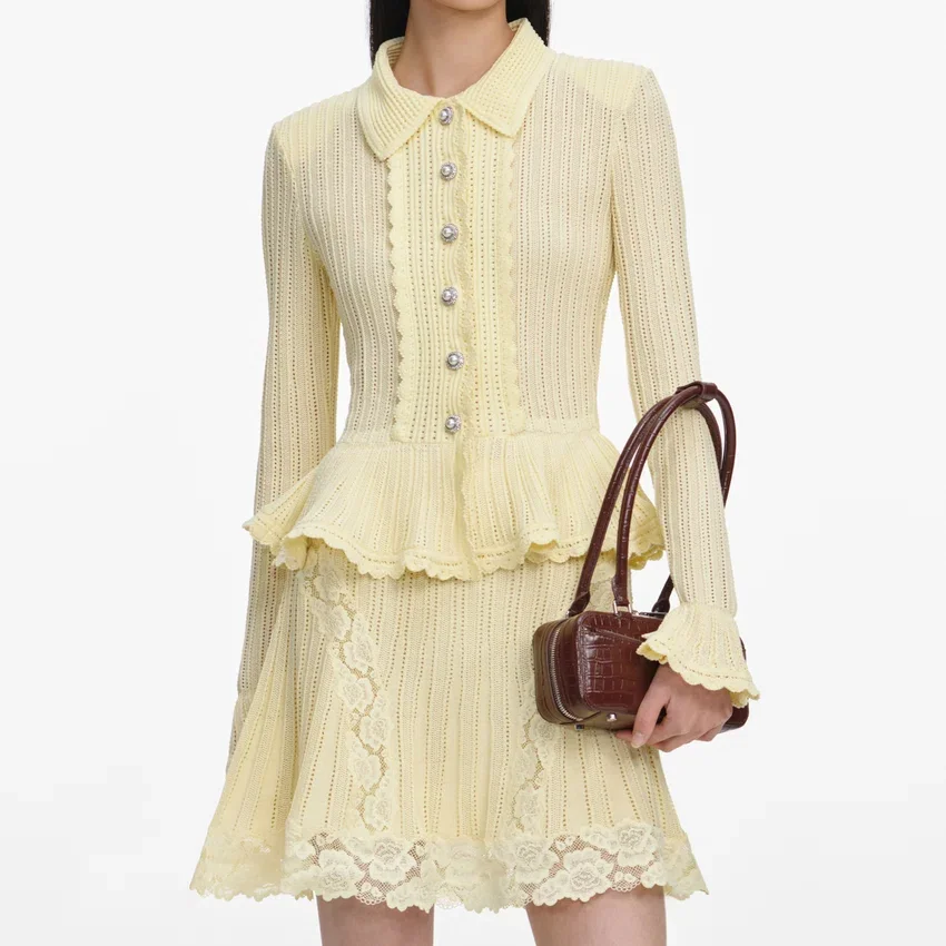 Yellow Pointelle Peplum Knit Mini Dress Yellow Pointelle Peplum Knit Mini Dress