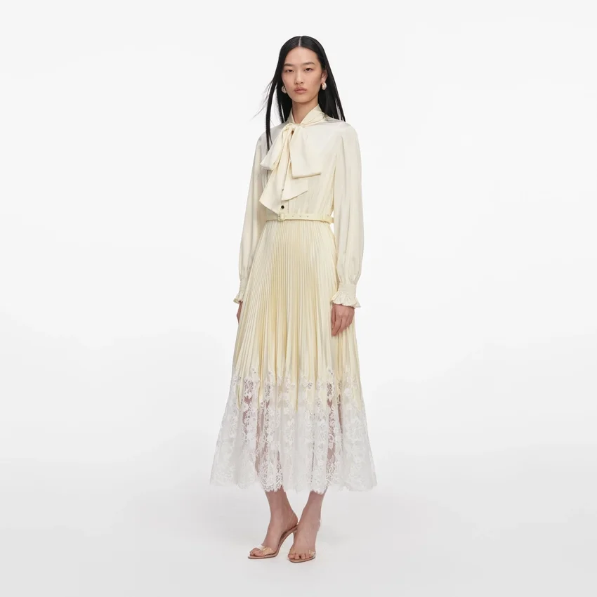Yellow Satin Lace Midi Dress Yellow Satin Lace Midi Dress
