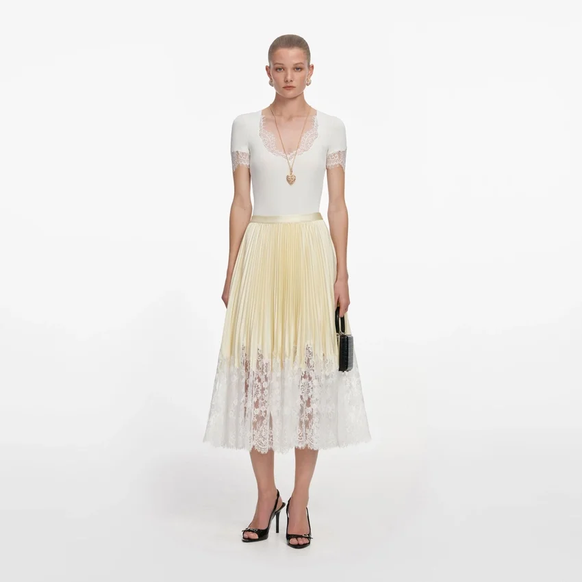 Yellow Satin Lace Midi Skirt Yellow Satin Lace Midi Skirt