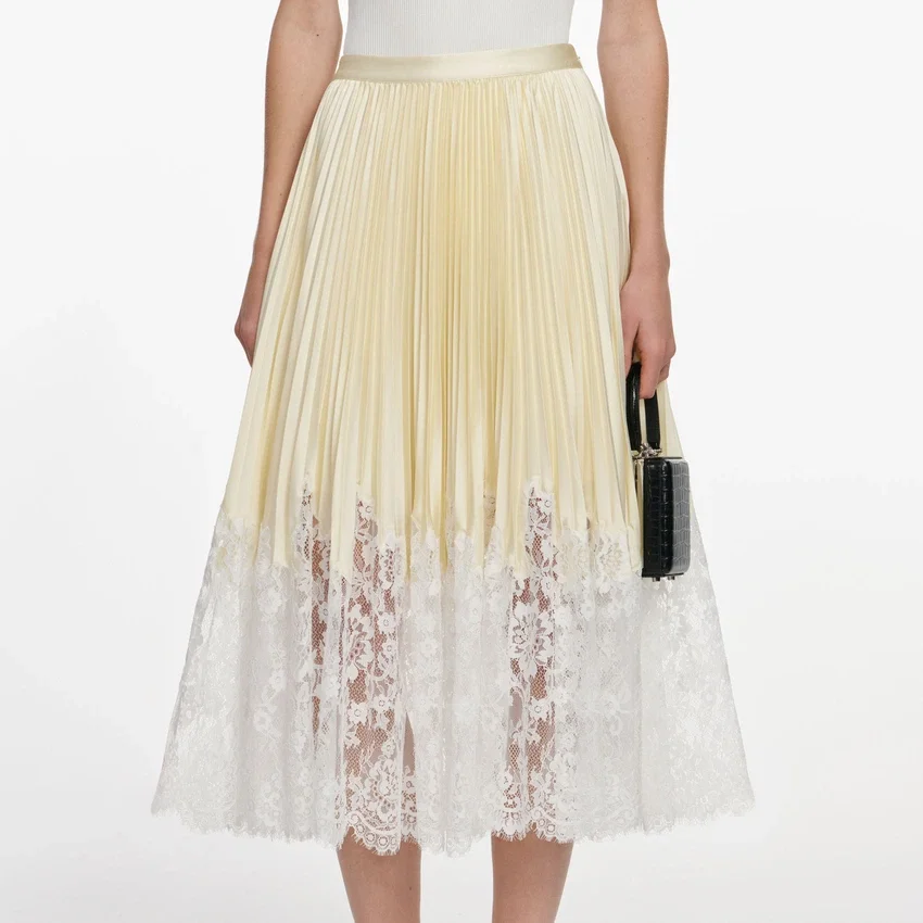 Yellow Satin Lace Midi Skirt Yellow Satin Lace Midi Skirt