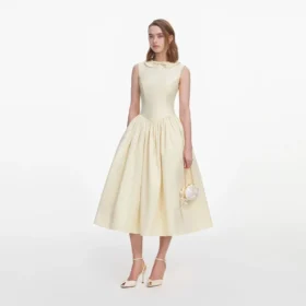 Yellow Taffeta Collared Midi Dress
