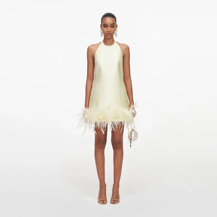 Yellow Taffeta Feather Trim Mini Dress Yellow Taffeta Feather Trim Mini Dress