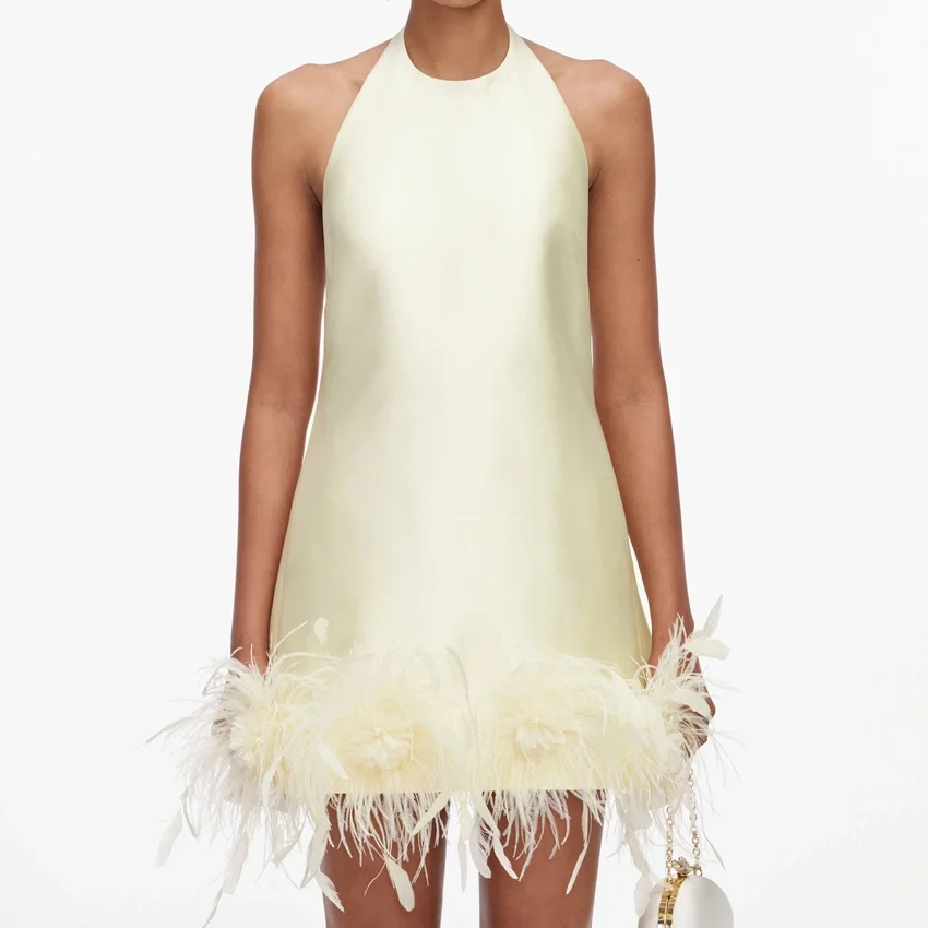 Yellow Taffeta Feather Trim Mini Dress Yellow Taffeta Feather Trim Mini Dress