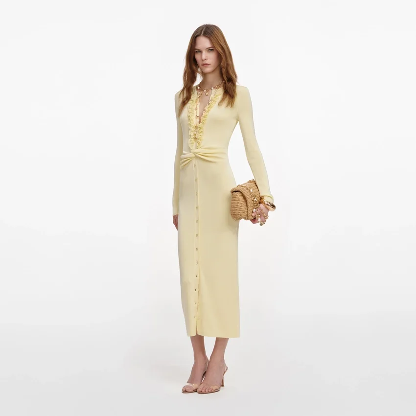 Yellow Viscose Knit Ruffle Midi Dress Yellow Viscose Knit Ruffle Midi Dress