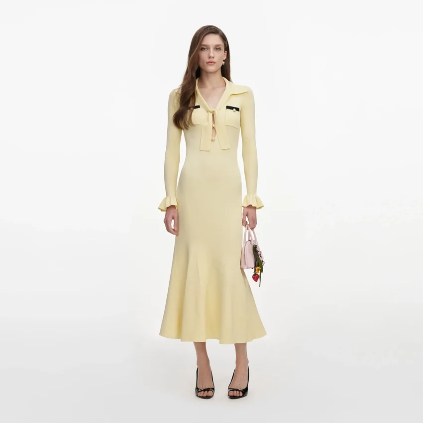 Yellow Viscose Knit Tie Midi Dress Yellow Viscose Knit Tie Midi Dress