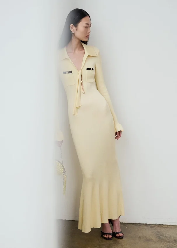 Yellow Viscose Knit Tie Midi Dress Yellow Viscose Knit Tie Midi Dress