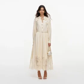 Yellow Viscose Lace Pleated Midi Dress Yellow Viscose Lace Pleated Midi Dress