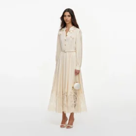 Yellow Viscose Lace Pleated Midi Dress Yellow Viscose Lace Pleated Midi Dress