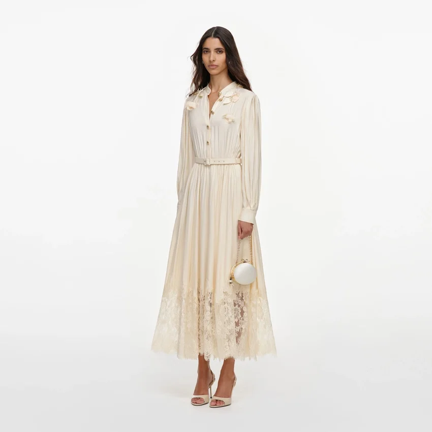 Yellow Viscose Lace Pleated Midi Dress Yellow Viscose Lace Pleated Midi Dress