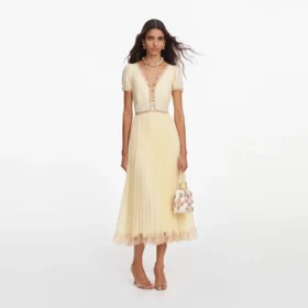 Yellow Viscose Pleated Lace Midi Dress Yellow Viscose Pleated Lace Midi Dress