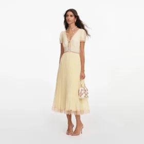 Yellow Viscose Pleated Lace Midi Dress Yellow Viscose Pleated Lace Midi Dress