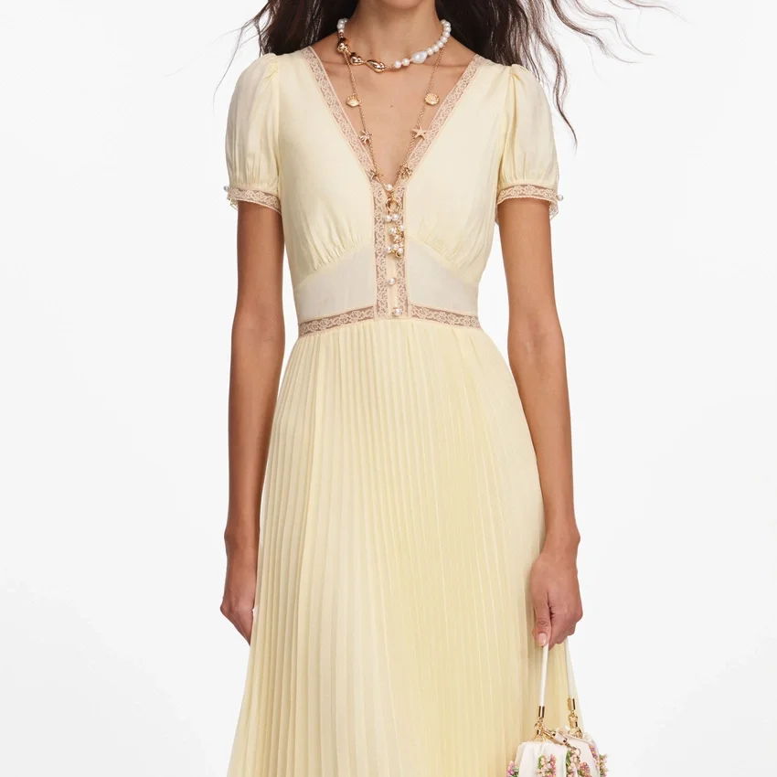 Yellow Viscose Pleated Lace Midi Dress Yellow Viscose Pleated Lace Midi Dress